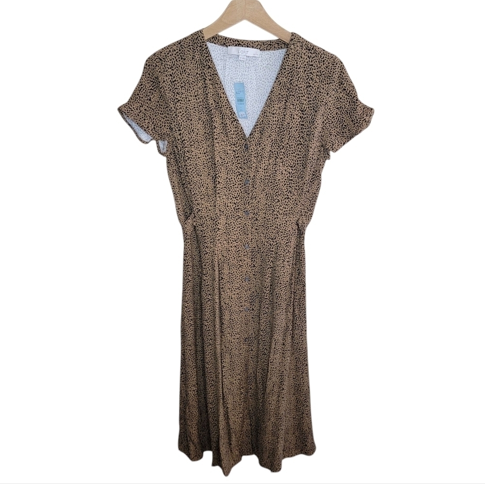 NWT Loft Petite Black & Tan Leopard Print V-neck Midi Shirt Dress Size 4P